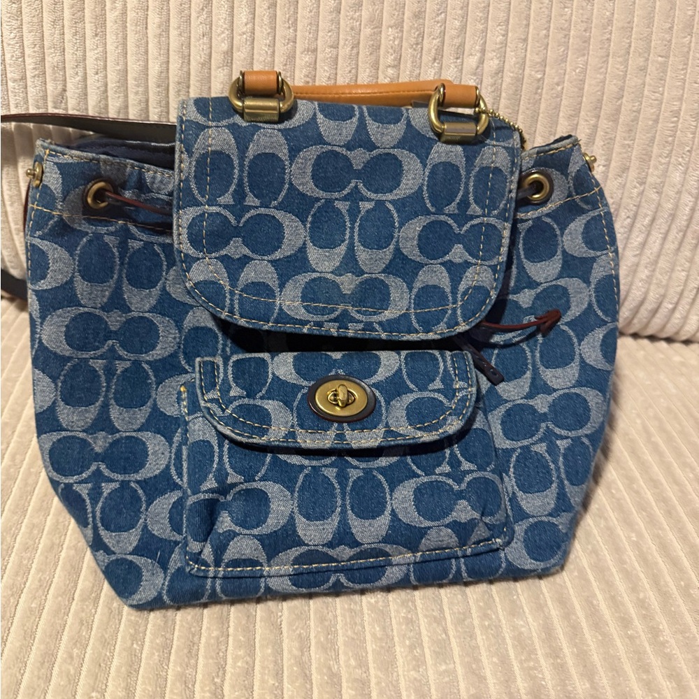 Coach Blue Signature Denim Drawstring Mini Bucket Bag with Leather Top Handle